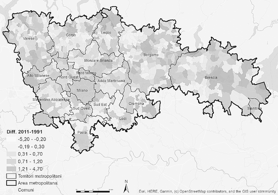 Fig. 5.1. La variazione (1991-2011) della vulnerabilità sociale e materiale nei comuni dell’area metropolitana.